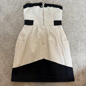 Kensie Strapless Mini Dress Y2K 90s tan black Zipper Front Pockets Size 6